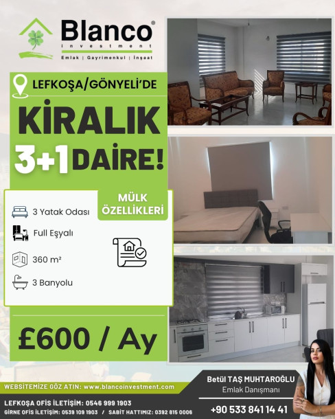 LEFKOŞA/GÖNYELİ' DE 3+1 KİRALIK DAİRE-1