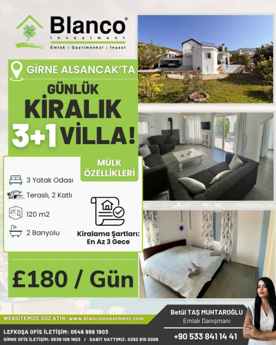 GİRNE/ALSANCAK MERKEZDE 3+1 GÜNLÜK KİRALIK VİLLA